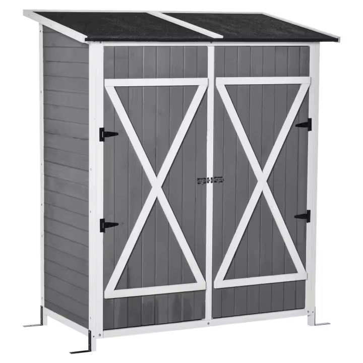 Outsunny Caseta de Jardín de Madera 139x75x160 cm Cobertizo para Almacenaje de Herramientas con Estantería Movible Puertas con Cerrojo Techo Asfáltico Gris - 1