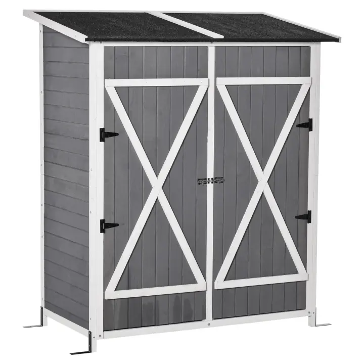 Outsunny Caseta de Jardín de Madera 139x75x160 cm Cobertizo para Almacenaje de Herramientas con Estantería Movible Puertas con Cerrojo Techo Asfáltico Gris - 1