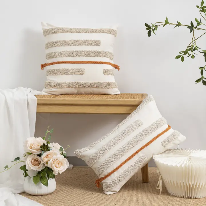 Funda De Cojín De Terciopelo Bohemio Gris Con Patrón De Largo Y Corto Para Decoración De Sala De Estar Y Dormitorio - 1