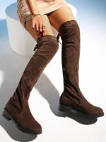Botas De Invierno Para Mujer Marrón Hasta La Rodilla Cómodas Con Cordones Tacones Altos Y Suela Plana Botas De Gamuza Forradas Con Cierre De Lazo Fashion Y Cálidas - details 5