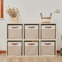 Caja de almacenamiento plegable, cesta de almacenamiento Tejida de Lino, Organizador de armarario con Asas de cuero (CAFI Claro) - details 0