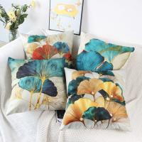 Decorativos Lino Fundas de Cojines 45x45 Sofa Set de 4 Verde Azulado Moderno y Hojas Doradas Funda de Almohada Decoración Ginkgo Fundas Cojines Cuadrados Exterior Jardin - details 4