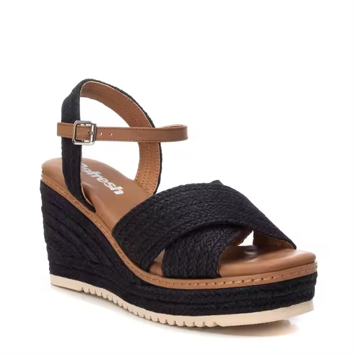 Refresh Sandalia Mujer Cuña 8 Cm Rafia Negro Doble Tira Pulsera Tobillo 171543 - 1