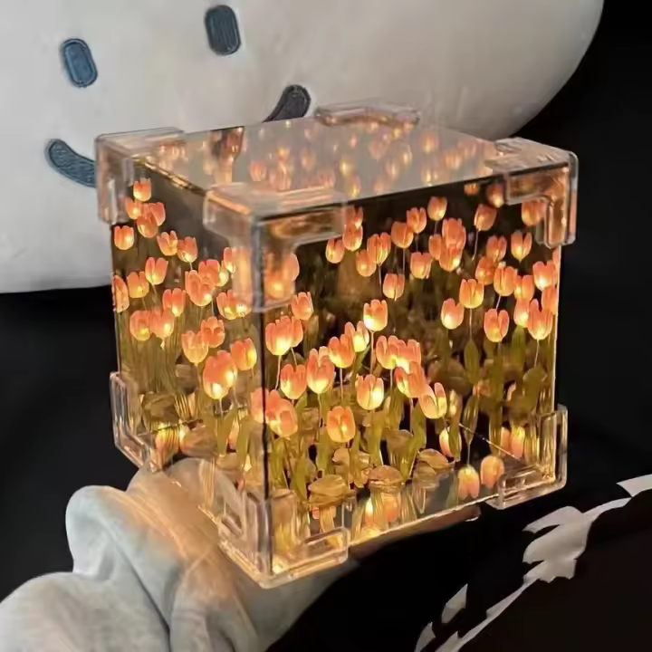 Lámpara De Mesa LED 3D Nube Tulipán DIY Luz Nocturna Flor Espejo Cubo Decoración Para Dormitorio Material De Vidrio - 1