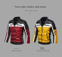 Chaqueta De Cuero Casual Para Moto De Otoño Para Hombres Con Cuello Alto Bloqueado De Colores Chaqueta De Cuero Artificial Moda De Piloto - details 2