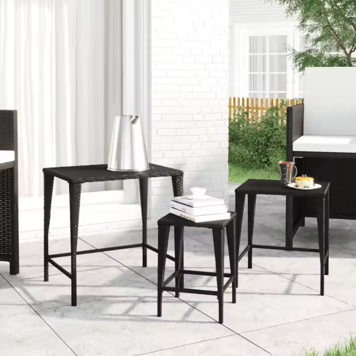 vidaXL Mesas apilables de jardín 3 unidades ratán sintético en color Marrón/Negro | estructura resistente ideal para salón dormitorio o estudio - 1