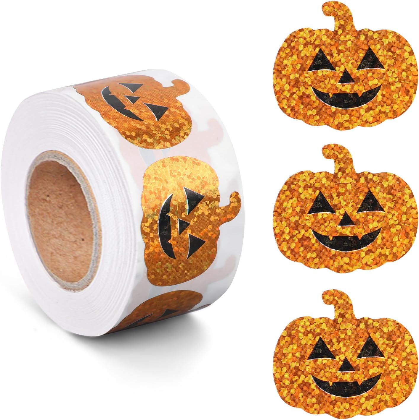 1 rollo de pegatinas de calabaza de Halloween, pegatinas brillantes, de color naranja con purpurina (500 unidades)