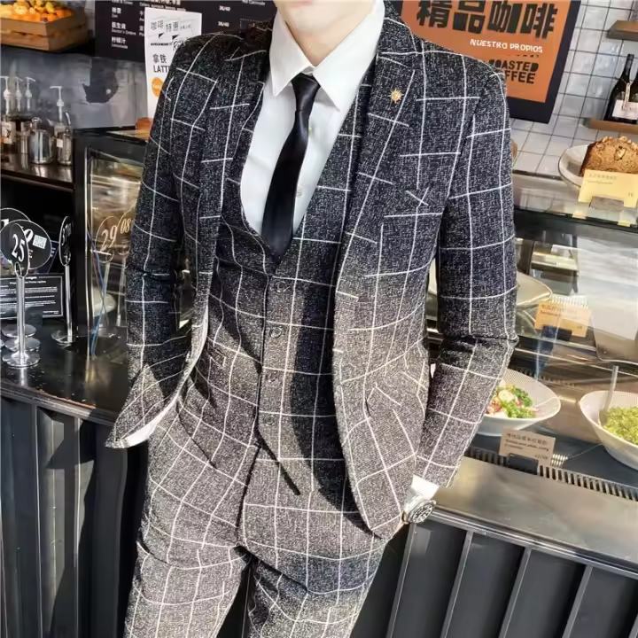 Traje De 3 Piezas Estampado De Rayas Y Cuadros De Alta Calidad - Traje Elegante Para Bodas Y Negocios Estilo Británico Con Chaleco Y Pantalones - 1