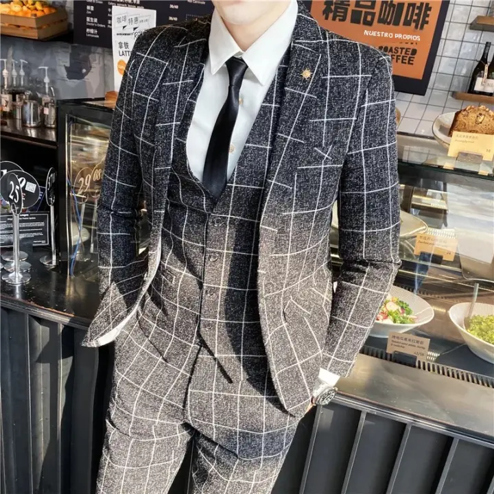Traje De 3 Piezas Estampado De Rayas Y Cuadros De Alta Calidad - Traje Elegante Para Bodas Y Negocios Estilo Británico Con Chaleco Y Pantalones - 1