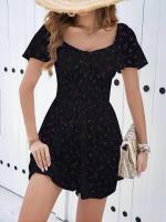 Vestidos Mini De Verano Para Mujer 2024 Estampado Floral Chiffon Estilo Playa Manga Puff Ajustado Cintura Natural Sin Capucha - details 3