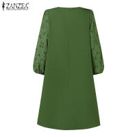ZANZEA Vestido Mini De Verano Para Mujer Estilo Casual Con Encaje Bordado Hueco Y Manga Puff Vuelta En El Cuello Vestidos Puff Sleeve A-Line - details 6