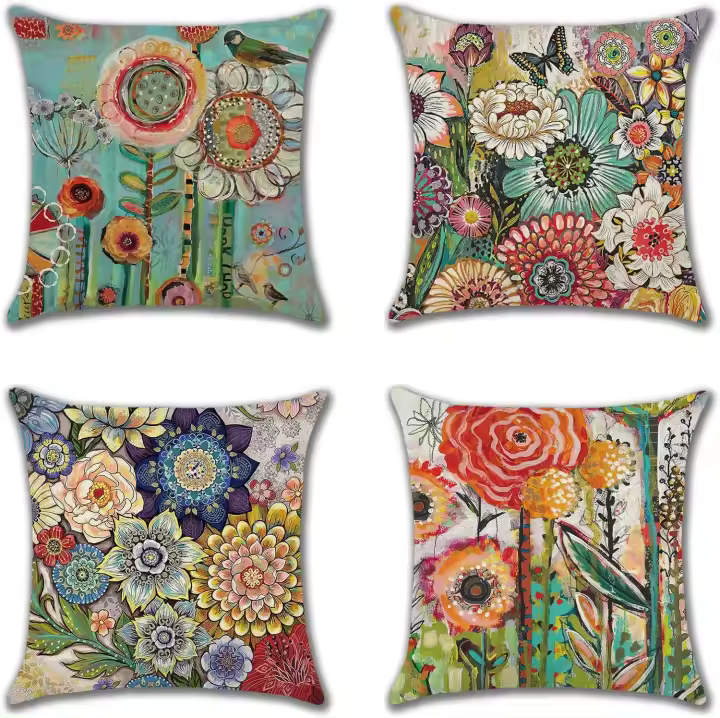 Juego de 4 fundas de almohada con diseño floral de 18x18 pulgadas, Fundas de cojín cuadradas Decorativas de Verano de 45 cm, Fundas de cojín con flores de Colores para sofá - 1