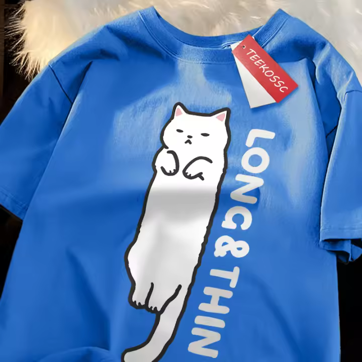 Camiseta De Estilo Japonés Para Hombre Con Gato Delgado Y Blanco Manga Corta Transpirable Verano Moda Algodón Suave Y Cómodo - 1
