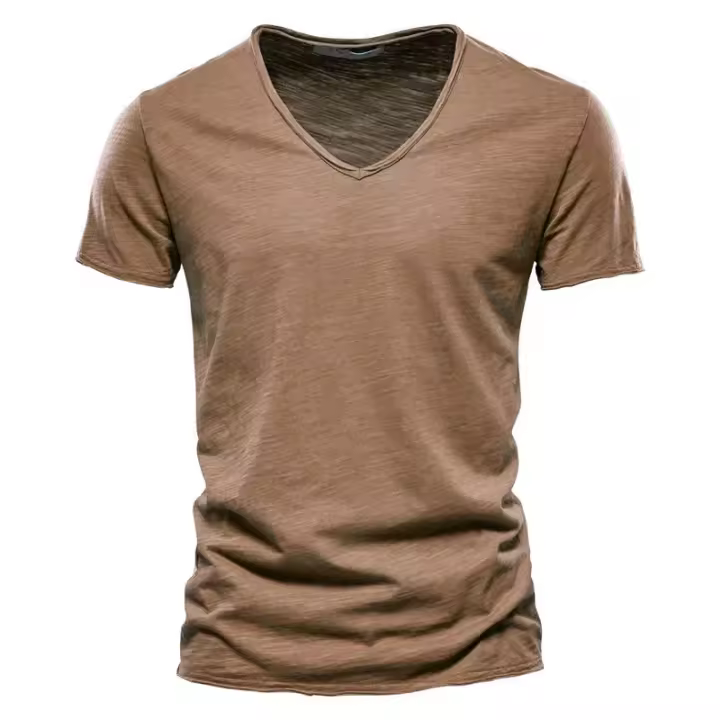 Camiseta De Algodón 100% Para Hombre Cuello V Ajustada Moda Manga Corta Transpirable Ligera Absorbedora De Humedad - 1