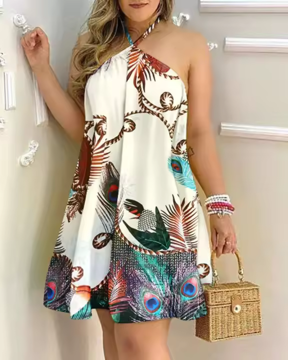 Vestido De Halter Neck Con Estampado Tropical Vestido Sin Espalda Para Vacaciones Estilo Bohemio Mujer Primavera Verano - 1