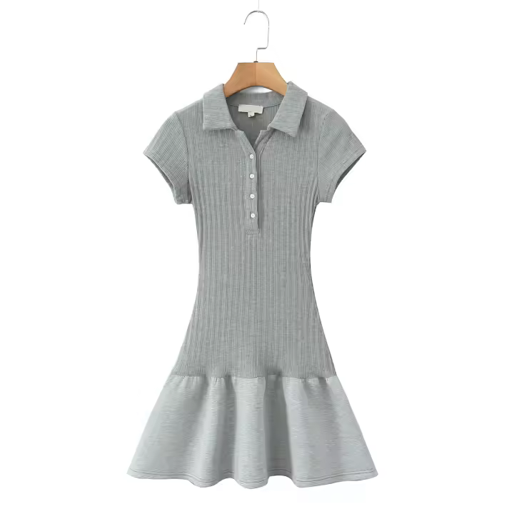 Vestido Mini de Moda para Mujer de Otoño Patchwork de Punto Americano con Cuello de Gorro y Mangas Cortas Vestido Grueso y Elegante para Ellas - 1