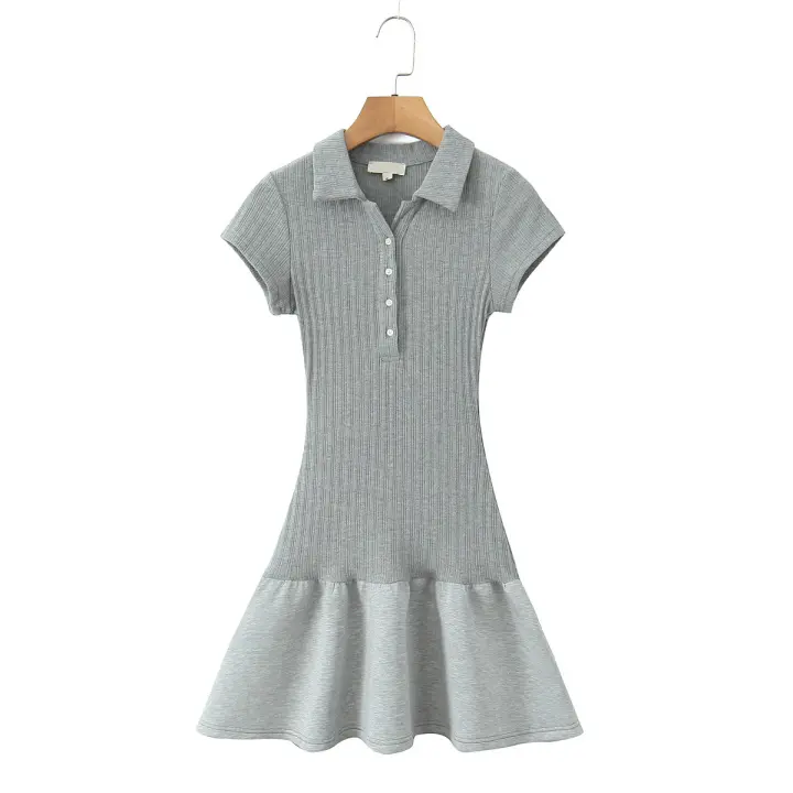Vestido Mini de Moda para Mujer de Otoño Patchwork de Punto Americano con Cuello de Gorro y Mangas Cortas Vestido Grueso y Elegante para Ellas - 1