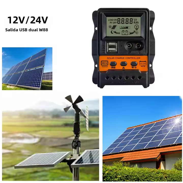 Controlador De Carga Solar 12V 24V Con Pantalla LCD USB Y Mostrador De Temperatura Regulador De Voltaje De Panel Solar Para Batería Y Control De Luz - 1