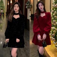 Vestido De Veludo Elegante Para Mujer Con Cintura Alta Y Manga Larga Estilo Sweet Vestido De Rodilla De Otoño Invierno - details 4