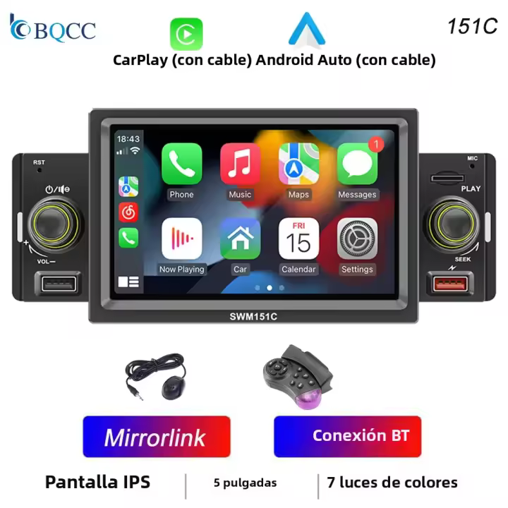BQCC 1din Reproductor Multimedia Para Coche Con Pantalla Táctil HD De 5'' Carplay/Android Auto Mirrorlink BT USB DVR RCA FM Radio Universal Para Todas Marca Y Modelo De Coche - 1