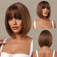Pelucas Sintéticas Cortas Y Rectas Para Mujeres De Color Rubio a Marrón Ombre Con Flequillo Peluca Bob Resistente Al Calor Para Cosplay Diario Y Fiestas Falso Cabello Tamaño Promedio - details 18