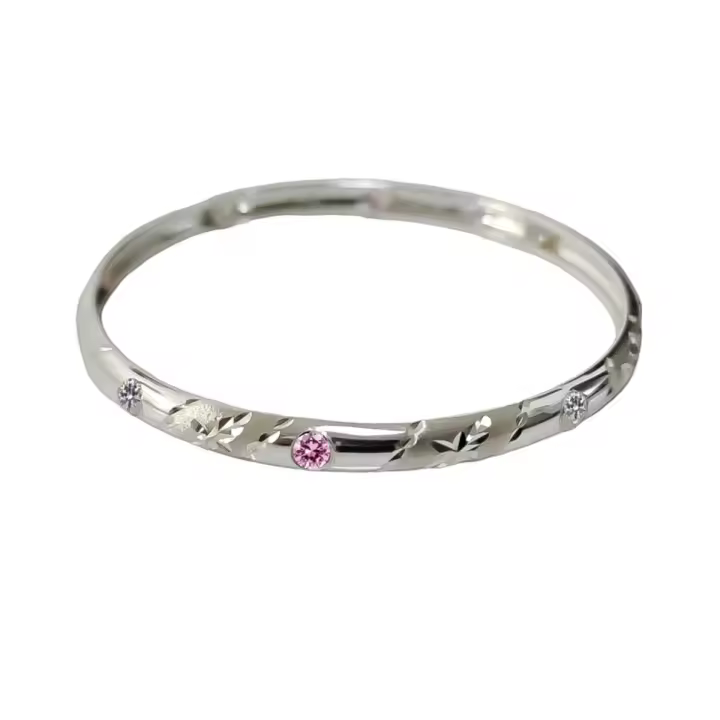Pulsera Rígida de Media Caña en Plata Ley 925m con 65 mm. de diámetro interior detalle piedras rosas - 1
