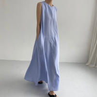 Vestido Maxi De Verano Para Mujer REALEFT 2024 Color Sólido Elegante Con Bolsillos Cintura Suelta Sin Mangas Casual Largo Hasta La Rodilla Material Algodón Y Poliéster - details 0