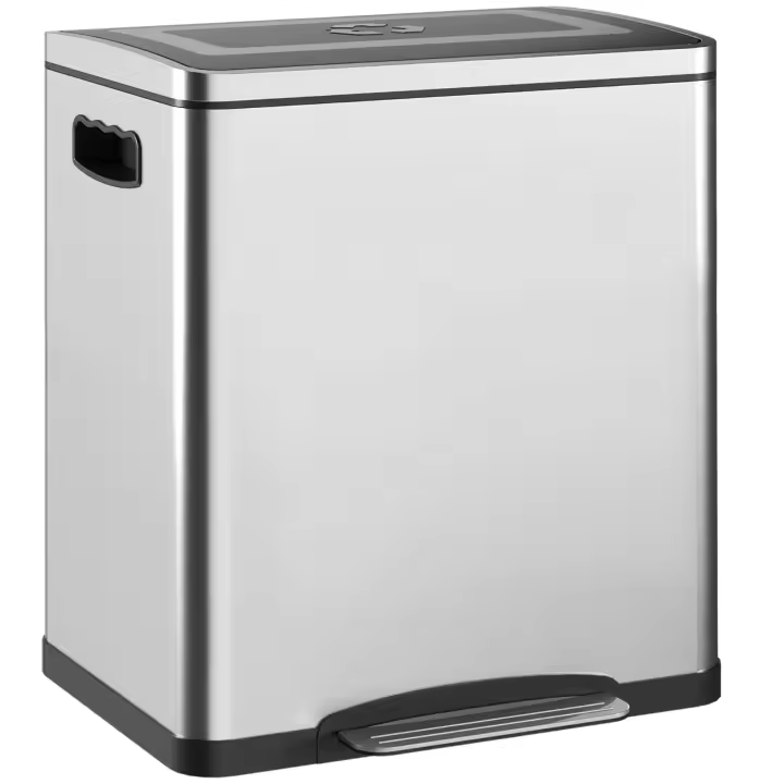 HOMCOM Cubo de basura de cocina de 2 compartimentos con pedal, 2 x 15 l, acero inoxidable, tapa de cierre suave, cubos extraíbles, 40 L x 34,8 W x 47,5 H cm, color plateado - 1