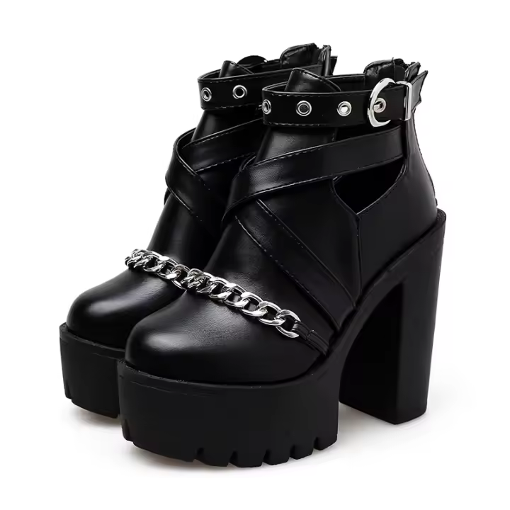 Botas De Tacón Bloqueado Para Mujer Con Decoración De Cadena Y Zapateado Redondo Color Sólido Con Cremallera Trasera Y Estrechas Al Estilo Gótico Moda Punk Con Cadena Y Hebilla - 1