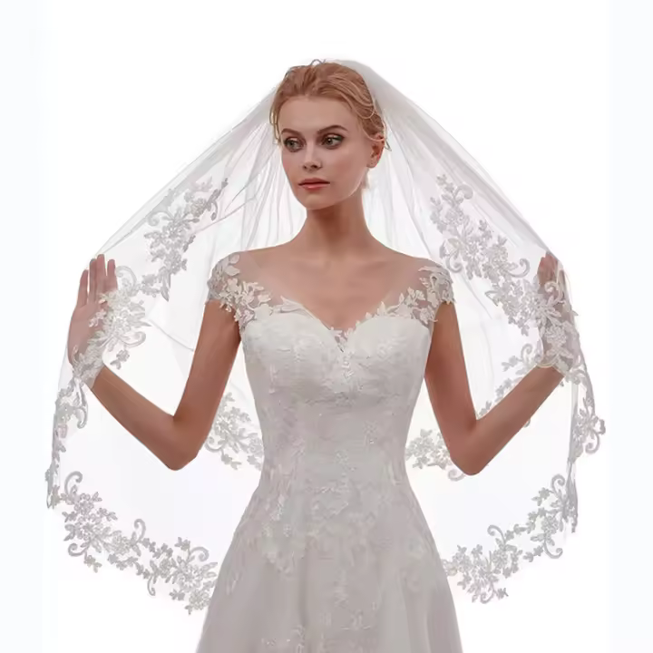 Velo De Novia VINOPROM Con 2 Capas De Encaje Y Borde De Flores Lace Fingertip Tamaño De Tela De Microfibra Para Bodas - 1