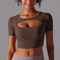 Camiseta de manga corta para Yoga, Top Sexy de Doble Capa, ropa de Malla empalmada, Sujetador Deportivo para correr y Fitness, Color sólido, Mujer - details 9
