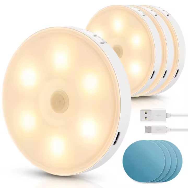 Aigostar 4 Piezas 3000K Luz Nocturna Magnética LED con Sensor de Movimiento, Luz Armario Adhesiva USB Recargable, 0.5W Luz Noche para Habitación, Pasillo, Cocina, Escaleras, Baño - 1