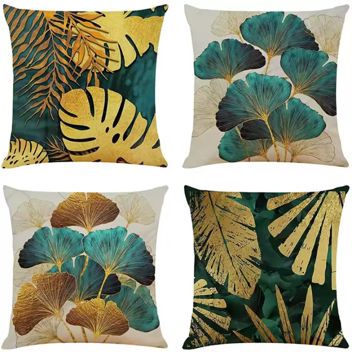 Fundas de Cojín de Hojas Verdes y Doradas, cojines de sofá de Lino, 45Cm X 45Cm - 1