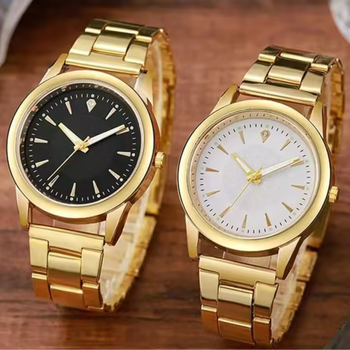 Reloj De Cuarzo De Lujo Dorado Para Parejas 2PCS Temporalidad Elegante Con Correa De Aleación Moda Casual Sin Resistencia Al Agua - 1