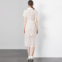 Vestido De Mujer Verano Corto Manga Tirantes Cuello Enrollado Blanco Lace-up Vestido De Oficina Lady Silueta Recta Midi Polyester - details 4