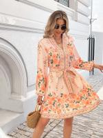 Vestido Elegante Para Mujer Con Manga Larga Y Cuello En V Estampado Con Cierre De Lazo Vestido Corto De Verano A-Line Regular Fit Polyester - details 3