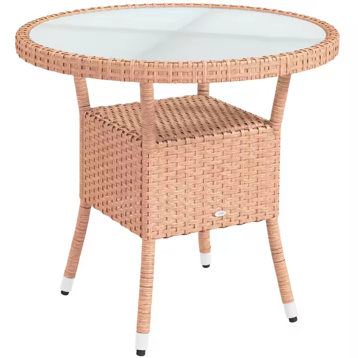 Outsunny Mesa de Ratán Redonda Ø80x75 cm Mesa de Jardín con Estante Tablero de Vidrio y Marco de Acero Carga 50 kg para Terraza Patio Natural - 1