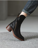 Botas Cortas De Cuero Para Mujer Otoño Invierno Con Tacón Chunky Cierre De Cremallera Botas De Tobillo Plataforma Modernas Talla Grande Confort Transpirables - details 2
