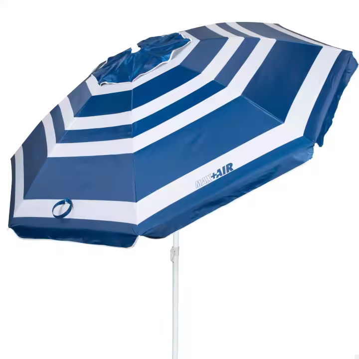 Aktive - Sombrilla playa antiviento 180 cm, 200 cm o 220 cm, Max Air, marinera, octogonal, poliéster con protección UV50 y revestimiento plateado, 8 varillas fibra de vidrio, mástil inclinable Ø28/32 mm, incluye funda con asa, con ventilación superior - 1