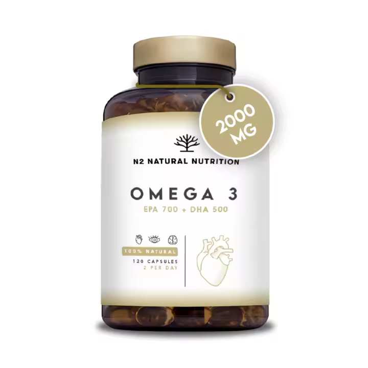 Omega 3 + Vitamina E 2000mg, 700mg EPA, 500mg DHA. Aceite de Pescado.Regula el Colesterol, Favorece la Vista, Corazón y Cerebro Saludables. 120 Cápsulas N2 Natural Nutrition - 1