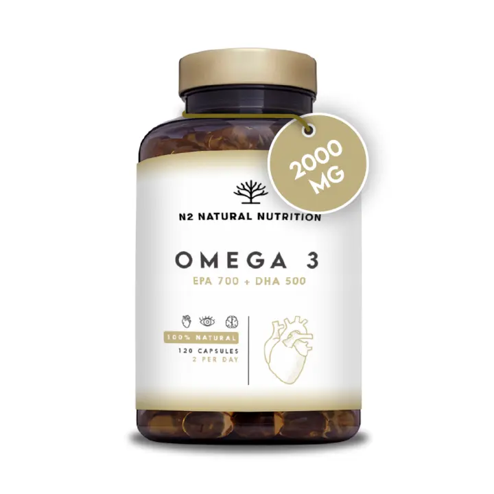 Omega 3 + Vitamina E 2000mg, 700mg EPA, 500mg DHA. Aceite de Pescado.Regula el Colesterol, Favorece la Vista, Corazón y Cerebro Saludables. 120 Cápsulas N2 Natural Nutrition - 1