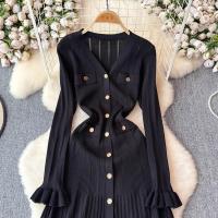 YuooMuoo Vestido Maxi Tejido Otoño Invierno Mujer Elegante V-cuello Botones Cintura Delgada Volantes Suéter Vestido Fiesta - details 12
