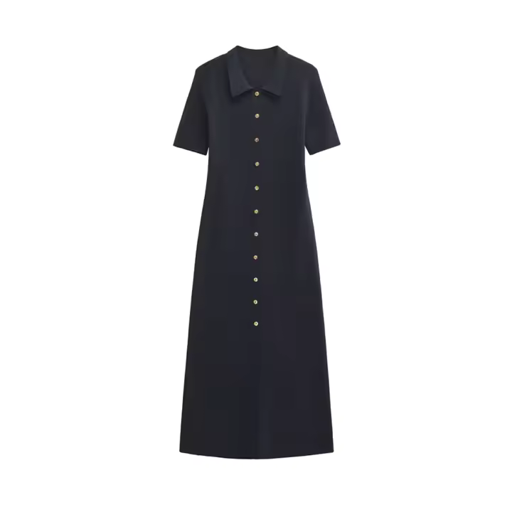 Vestido Midi De Tejido Para Mujer TRZA Con Botones Y Cuello En V Manga Corta Estilo Casual Color Sólido Talla Regular - 1