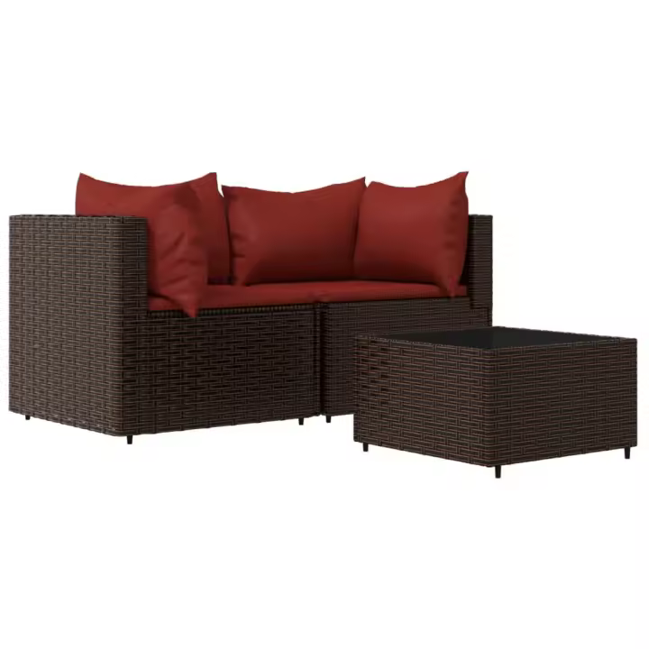 vidaXL Set muebles de jardín 3 piezas y cojines ratán sintético marrón - 1
