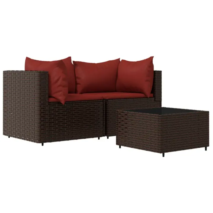 vidaXL Set muebles de jardín 3 piezas y cojines ratán sintético marrón - 1