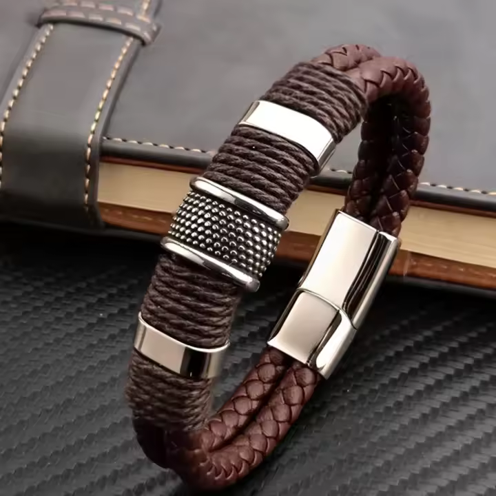 Pulsera De Cuero Genuino Marrón Vintage Multicapa Para Hombres Estilo Negocios Formal Joyería Regalo Para Muñeca - 1