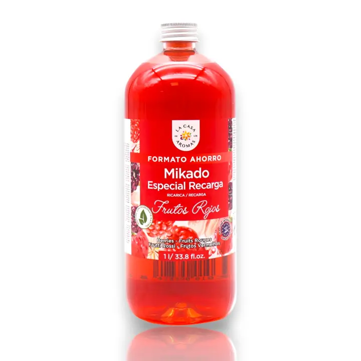 Ambientador Liquido Mikado Frutos Rojos - Reposición, Recarga Especial de 1000ml  500ml  250ml - Aroma Único, Intenso y Duradero. Pack de Unidades - Set de Varillas Difusoras de Aroma de Fibra - La Casa De Los Aromas. - 1