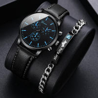 Reloj De Negocios Para Hombre 2PCS/set Reloj Analógico De Cuarzo Con Correa De Cuero Casual Joyería De Pulsera - details 0