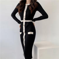 Vestido De Suéter Para Mujer 2024 Otoño Invierno Manga Larga Elegante Color Negro Midi Patchwork A-Line Estilo Casual - details 9