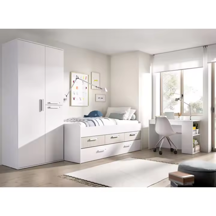 DEKIT GRUPO RIMOBEL PACK LEKA - CONJUNTO DE CAMA COMPACTA CON 3 CAJONES, ARMARIO Y MESA ESCRITORIO - BLANCO / ALISTONADO - 1
